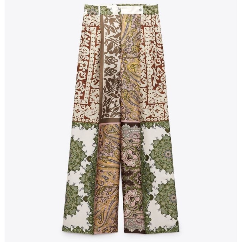 Zara Wide-Leg Patchwork Print Pants in Green, Brown, Cream